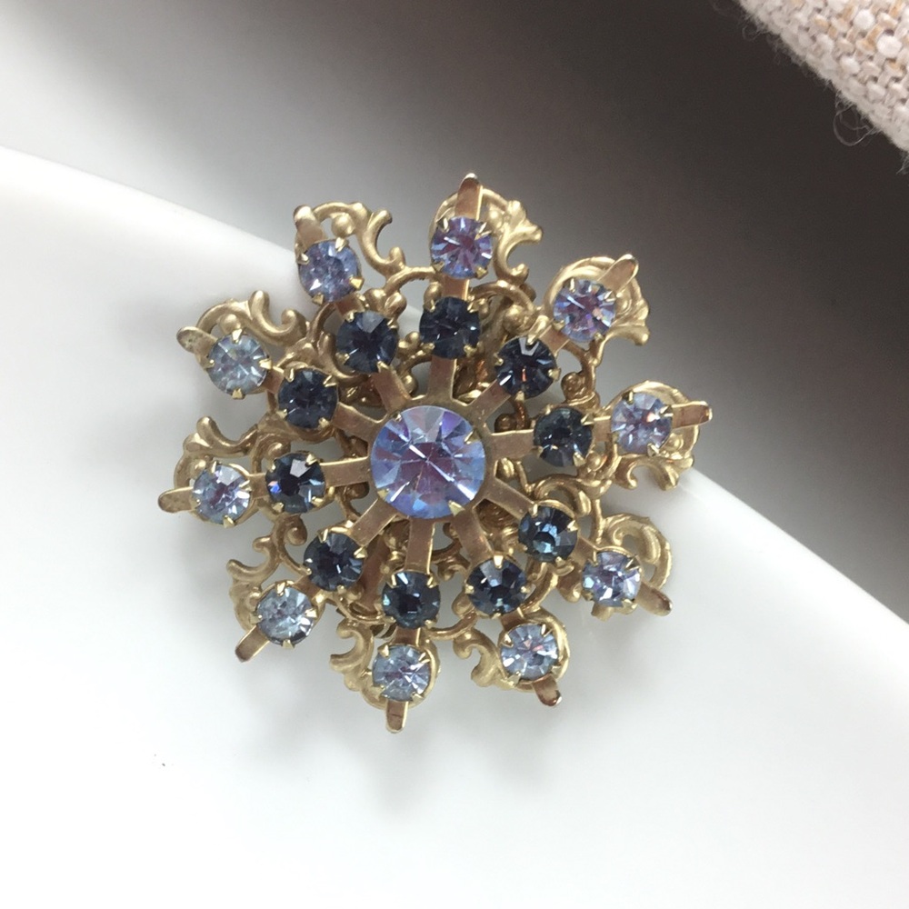 Gold-Tone Blue Crystal Floral Brooch - Women's Jewelry